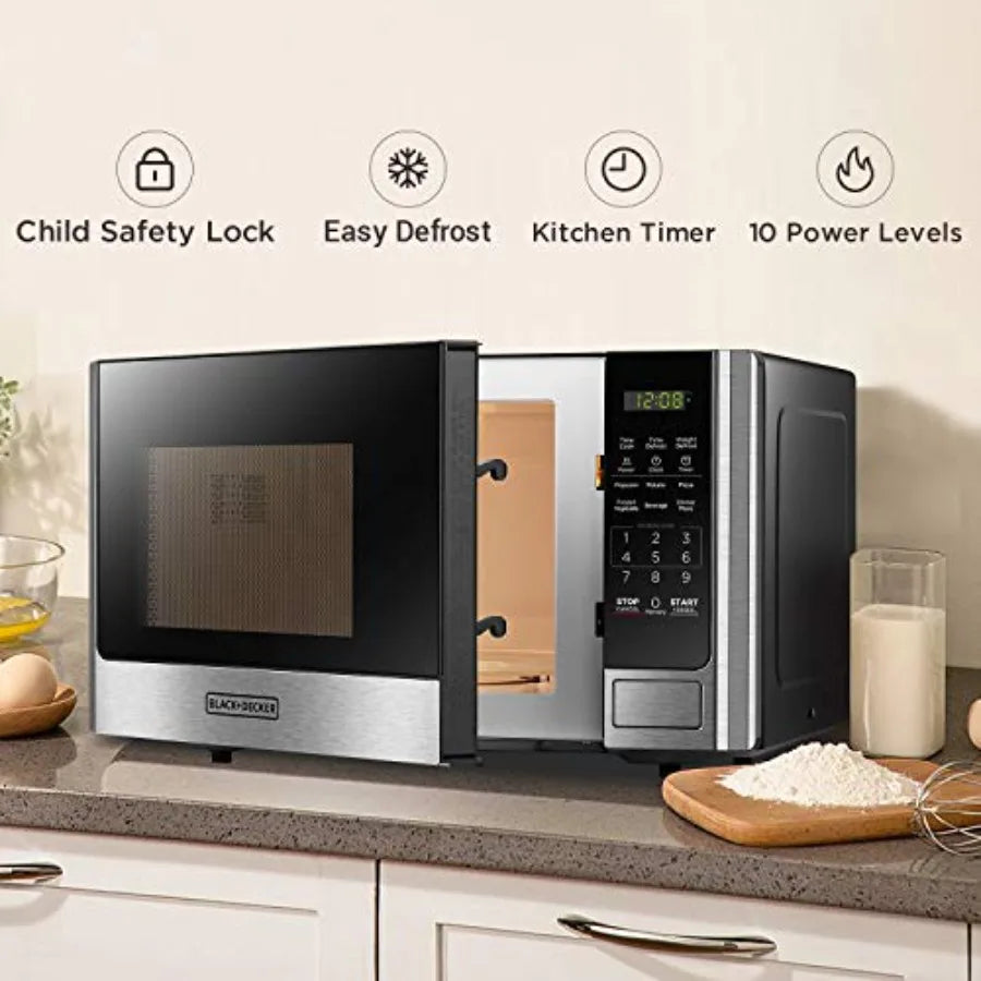 Digital Microwave Oven with Turntable Push-Button Door, Child Safety Lock, Stainless Steel, 0.9 Cu Ft