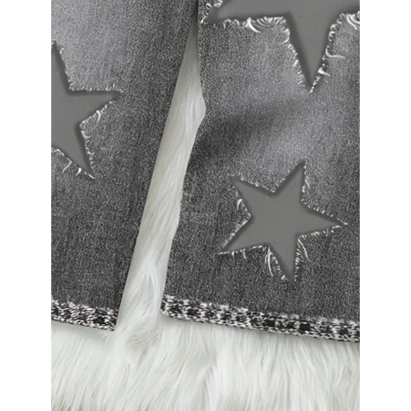 2026Children's Star Distressed Black and Gray Faux Denim Straight Pants