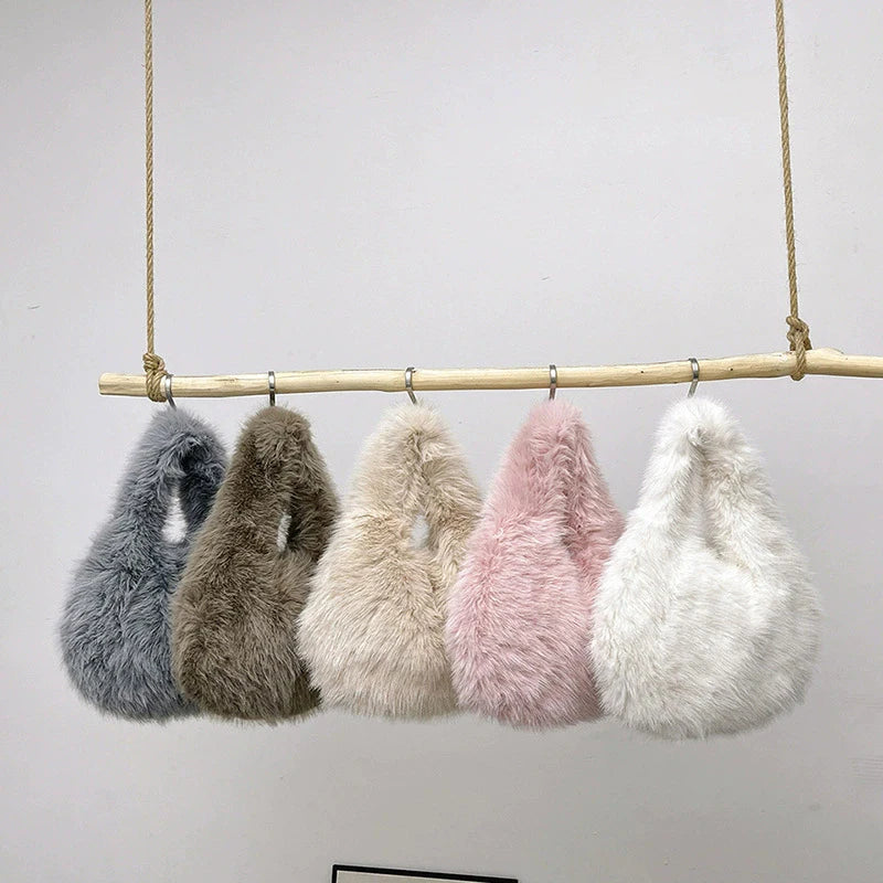 Small Hobo Handle Bags for Women Shoulder Bags Designer Furry Purse and Handbags Fashionable Cute Female Plush Bag