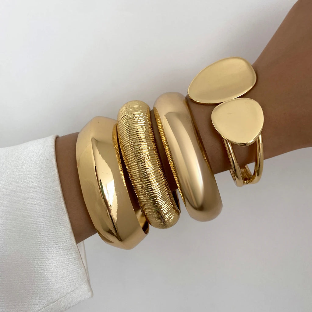 Ingemark 4 Style Vintage Irregular Ellipse Smooth Curved Bracelets Women Trendy Punk Arc Striped Openning Spring Bangle Jewelry