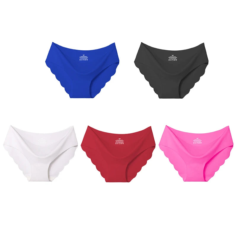 5PCS Women's Summer Ultra-Thin Ice Silk Underwear Seamless Comfort Large Size Briefs Solid Color Wave Underpants Female Lingere
