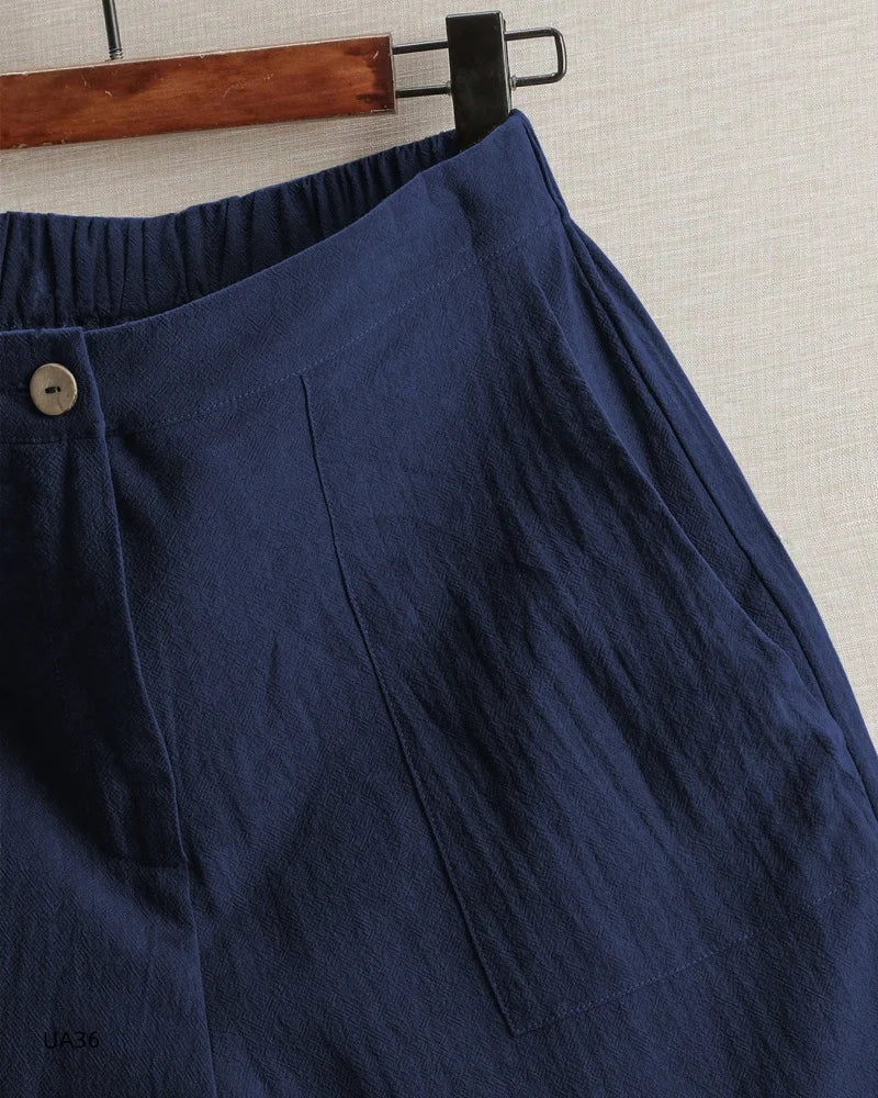 2026 summer new cotton and linen five-piece pants women's high-waisted elastic waist button shorts loose casual shorts
