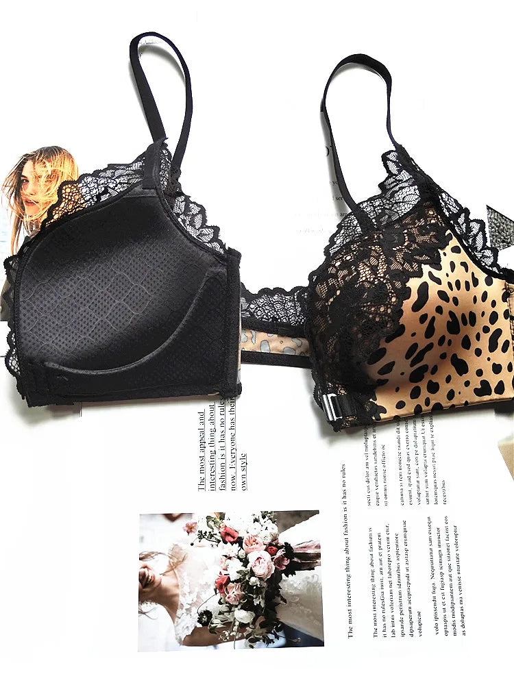MOYISU Front Closure Bralette Panty Set Women Push-Up Enhancer Small Chest Wireless Leopard Trim Adjustable Straps Girly Allure