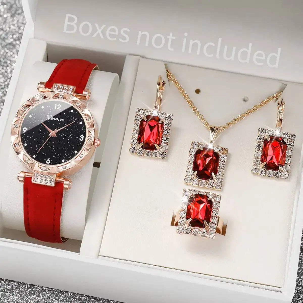 5PCS/Set Fashion Rhinestone Women's Watch Leather Strap Ladies Quartz Wristwatches Diamond Jewelry Set Reloj Mujer（Without Box）