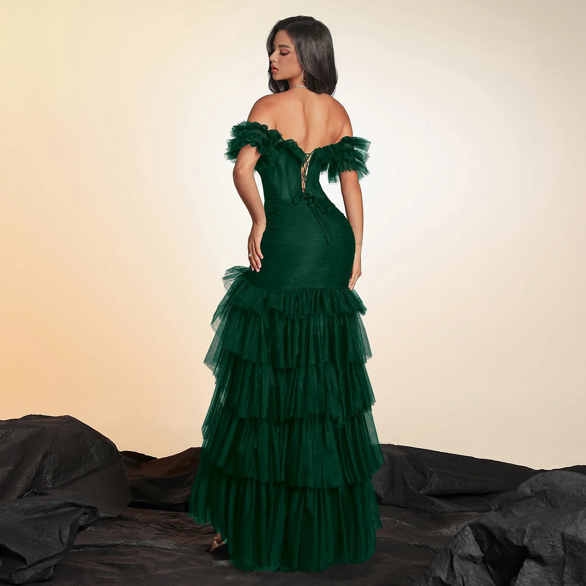 VIPGIRL Women's Emerald Green Off-Shoulder Prom Dress Tulle Ruffle Ruched Corset High Slit Lace-Up Mermaid Evening Gown