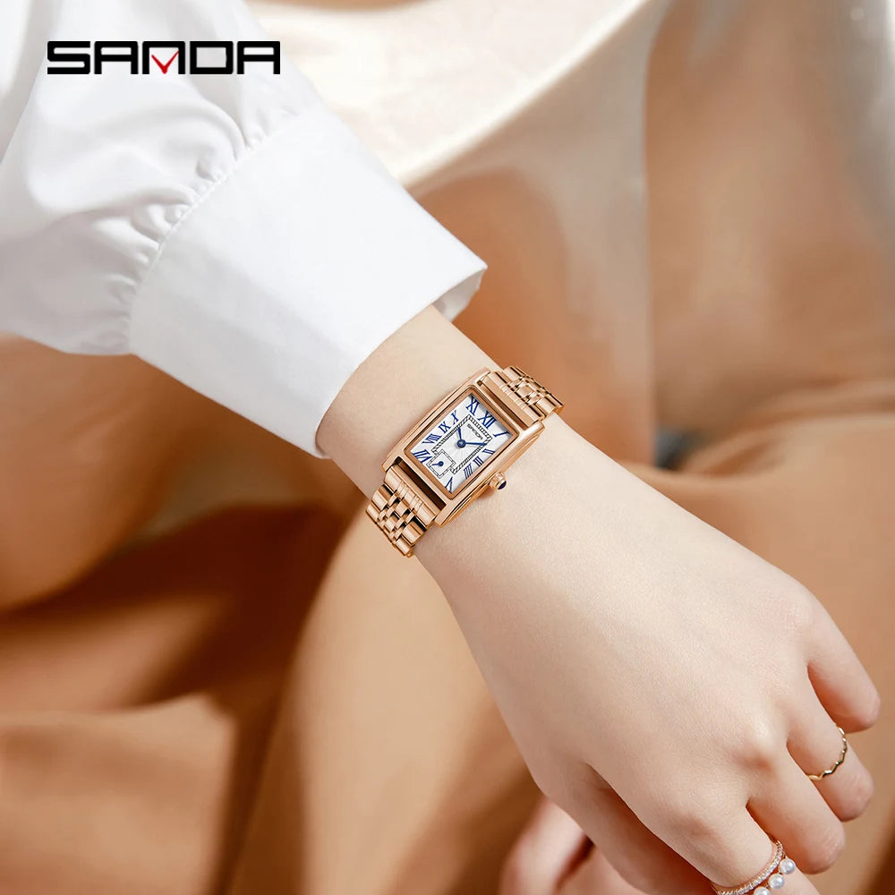 Sanda 1116 Women's Quartz Watch Red White Fashion Elegant Rectangle Waterproof Pointer Leather Business Ladies Wristwatches