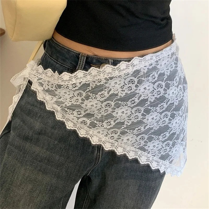 2026 Korean Ins Unique Lace Layered Gauze Skirts Lace Trim A-Line Short Cloth Mini Waist Skirts Harajuku Girl's White Skirts Y2K