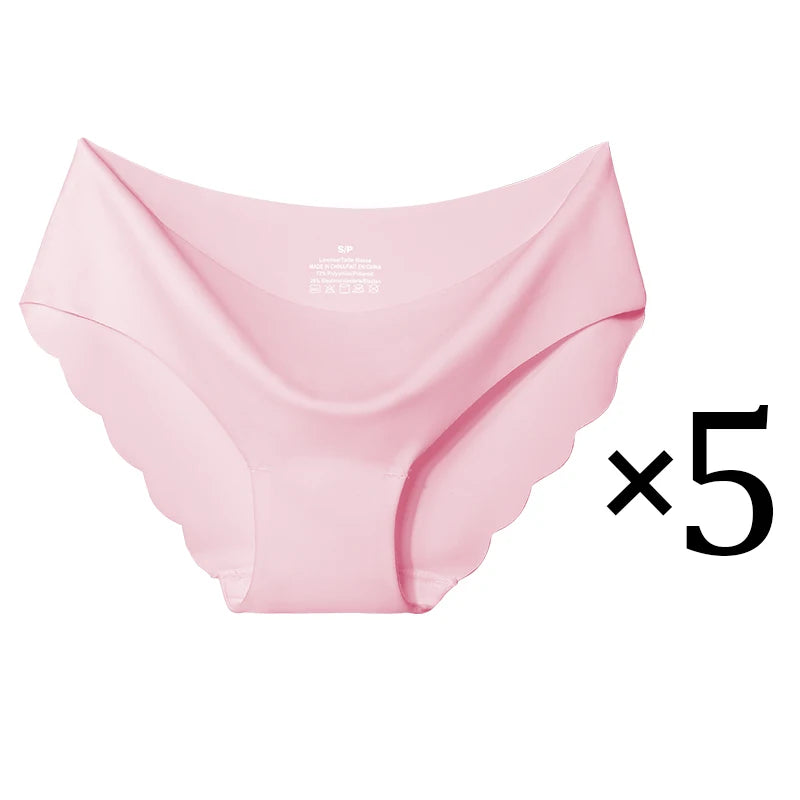 5PCS Women's Summer Ultra-Thin Ice Silk Underwear Seamless Comfort Large Size Briefs Solid Color Wave Underpants Female Lingere