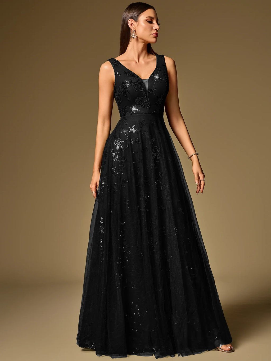 New Formal Evening Gown V-Neck Sleeveless Sequin Embroidery Long Party Dress Wedding Bridesmaid Dress