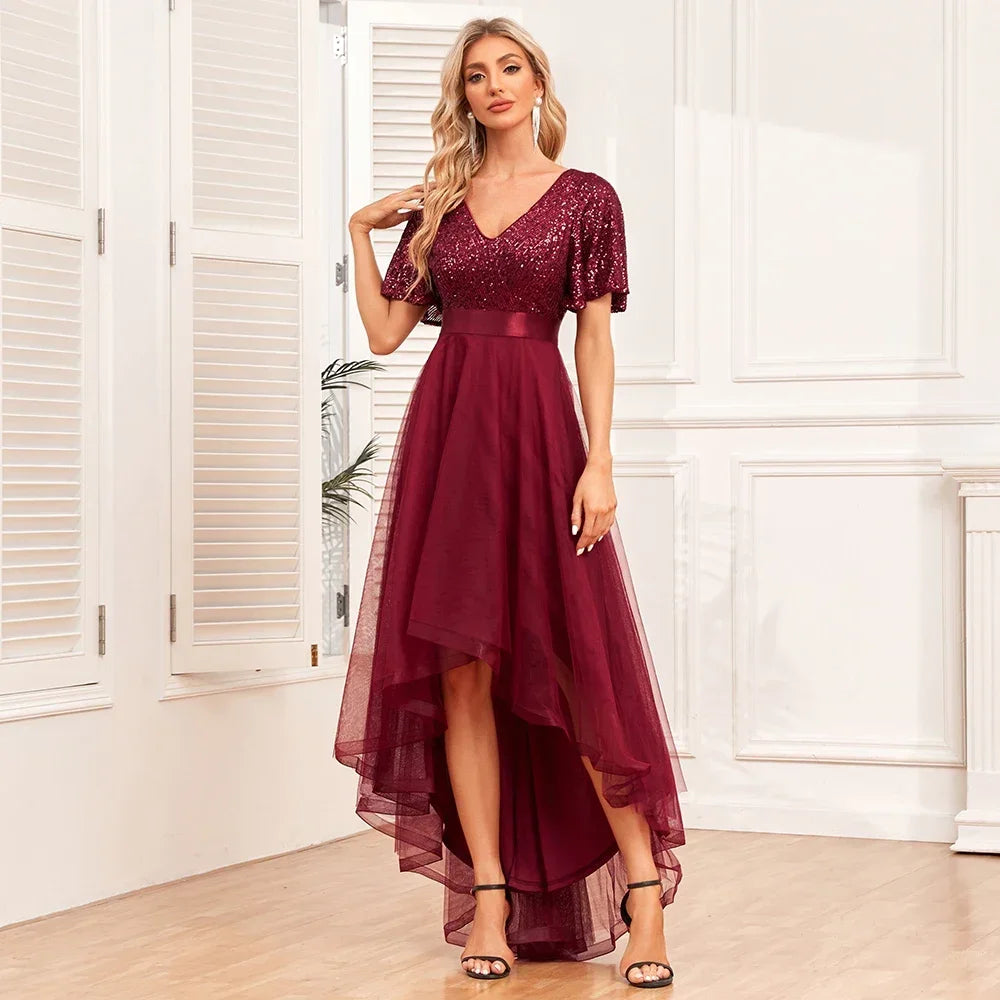 Women Elegant V-neck Ruffle Short Sleeve Evening Dress A-Line Fluffy Gauze Irregular Party Dress Formal Dress Vestidos De Gala