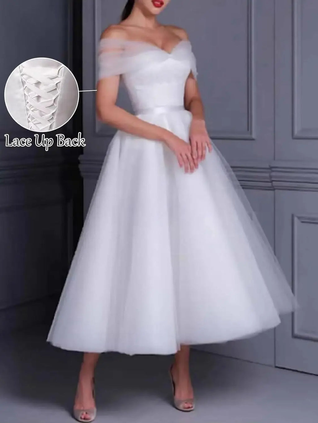 A Line Off Shoulder Wedding GownTulle Midi A Line Women's Shoulder Tea Lenght  Bridal Dress Simple Wedding Dress Party Dresses