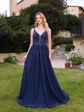 Elegant Appliques Beadings Backless Shiny Navy Blue Evening Dresses For Women 2025 A Line Prom Gowns Formal Party Robe De Soiree