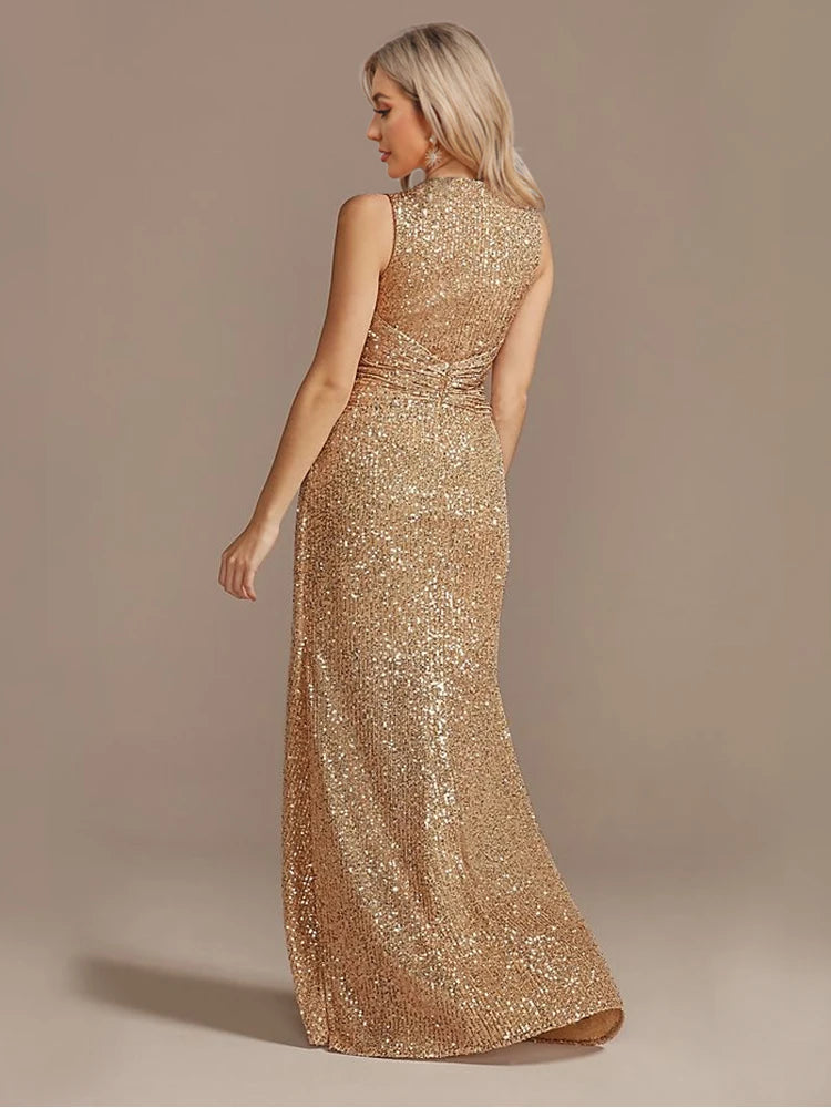 Luxury Floor Length V-Neck Evening Dresses Elegant Slit Party Women 2025 Wedding Sequins Formal Cocktail Prom Gowns