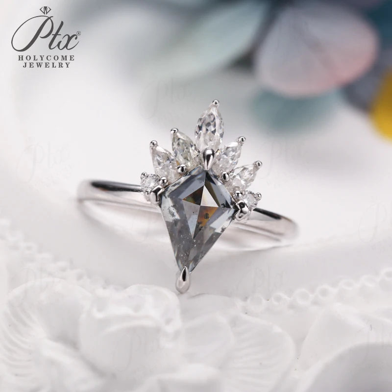 Customize Ring Salt and Pepper Moissanite Diamond Kite Pear Coffin Hexagon Half Moon Cut 925 Silver Wedding Vintage Jewelry