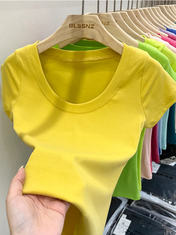 2026 Sexy Square Collar Slim T Shirt Women Cotton Elastic Basic Solid Female Casual Tops Short Sleeve Thin T-shirts See Through