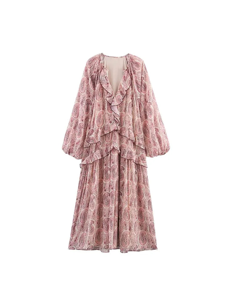 2025 Women Summer MIDI Dress Vintage Print Chiffon V-Neck Cascading Ruffle Long Sleeve Female Elegant Street Dresses Clothing
