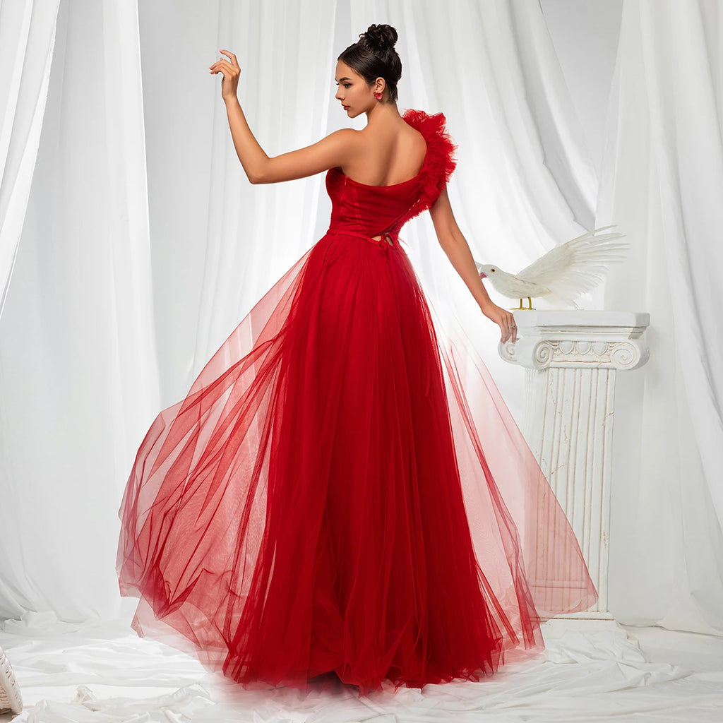 VIPGIRL Red One Shoulder Prom Dress Tulle Ruffle High Slit Lace Up A-line Evening Gown