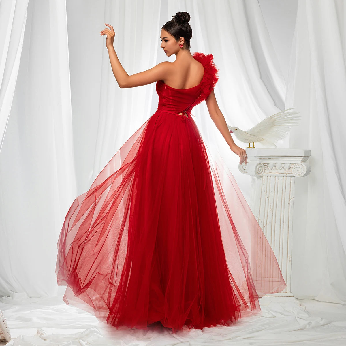 VIPGIRL Red One Shoulder Prom Dress Tulle Ruffle High Slit Lace Up A-line Evening Gown