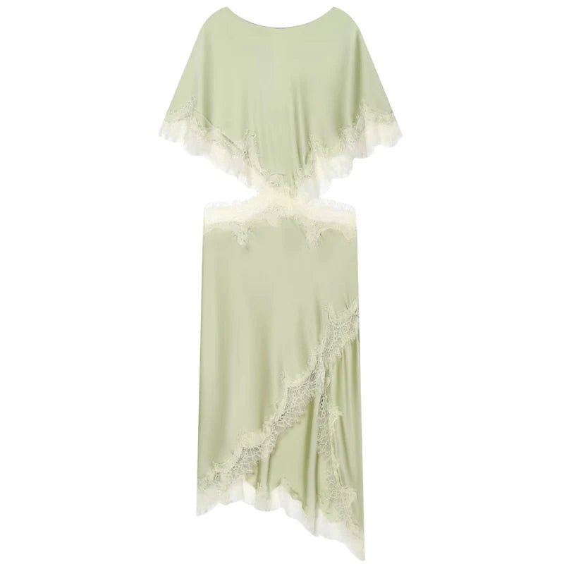 HXAO Asymmetric Satin Lace Dress Women's Dress Summer 2026 Sexy Midi O-Neck Batwing Short Sleeve Cut Out Vestidos Party Dresses