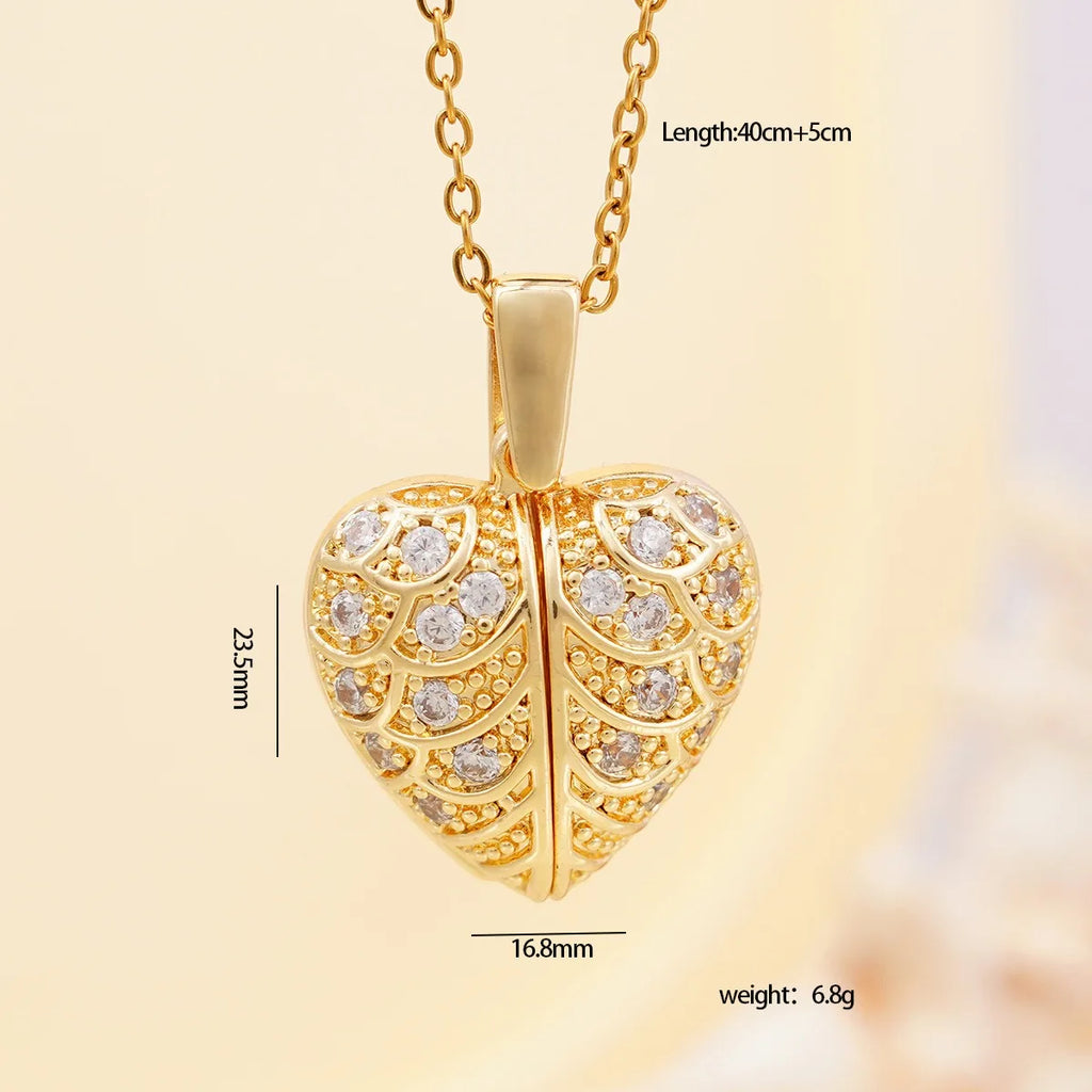 18k Gold Plated Coppe Heart Angel Wings Openable Pendant Necklace Cute Party Jewelry Valentine's Day Gift for Women Girls Mum