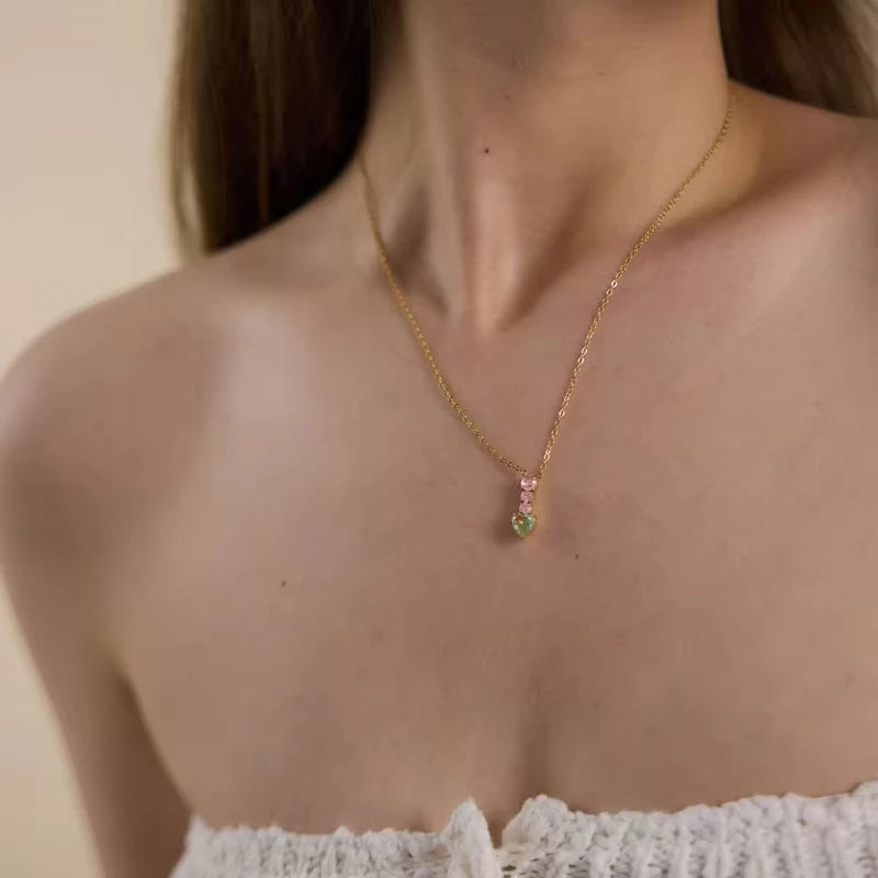 Fashion Exquisite Colorful Heart Zircon Geometric Pendant Necklace For Women 18K Gold Plated Stainless Steel Necklace Jewelry