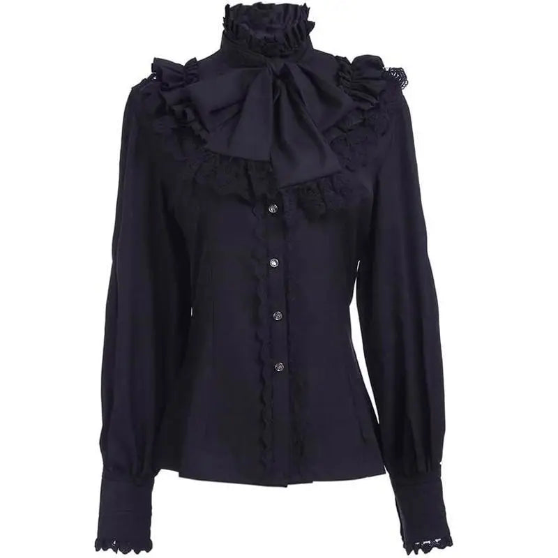 2026 Summer New Arrival Women's Vintage Ruffle Collar Shirt High Neck Lace Trim Button Down Shirt Elegant Gothic Blouse Tops
