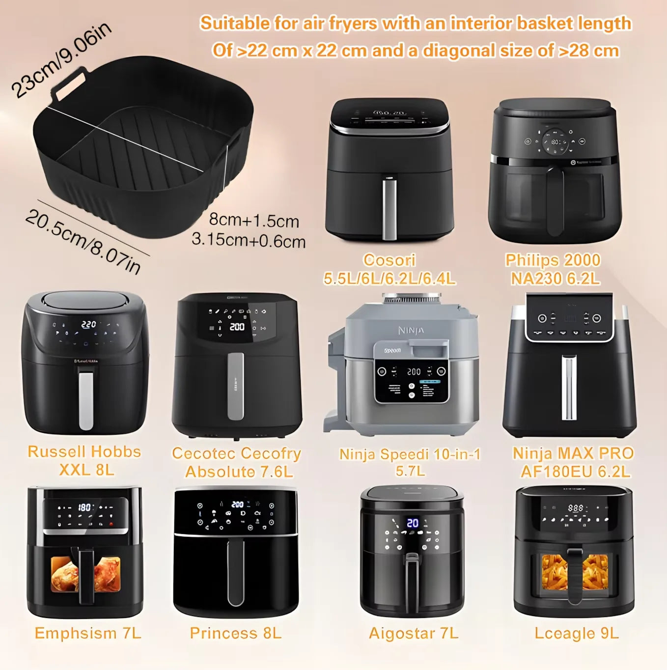 Air Fryer Accessories for COSORI 6,4L,Cecotec 5,5L 6L,Ninja 180 Square Silicone Air Fryer Mold/Grill Rack/Air Fryer Utensils