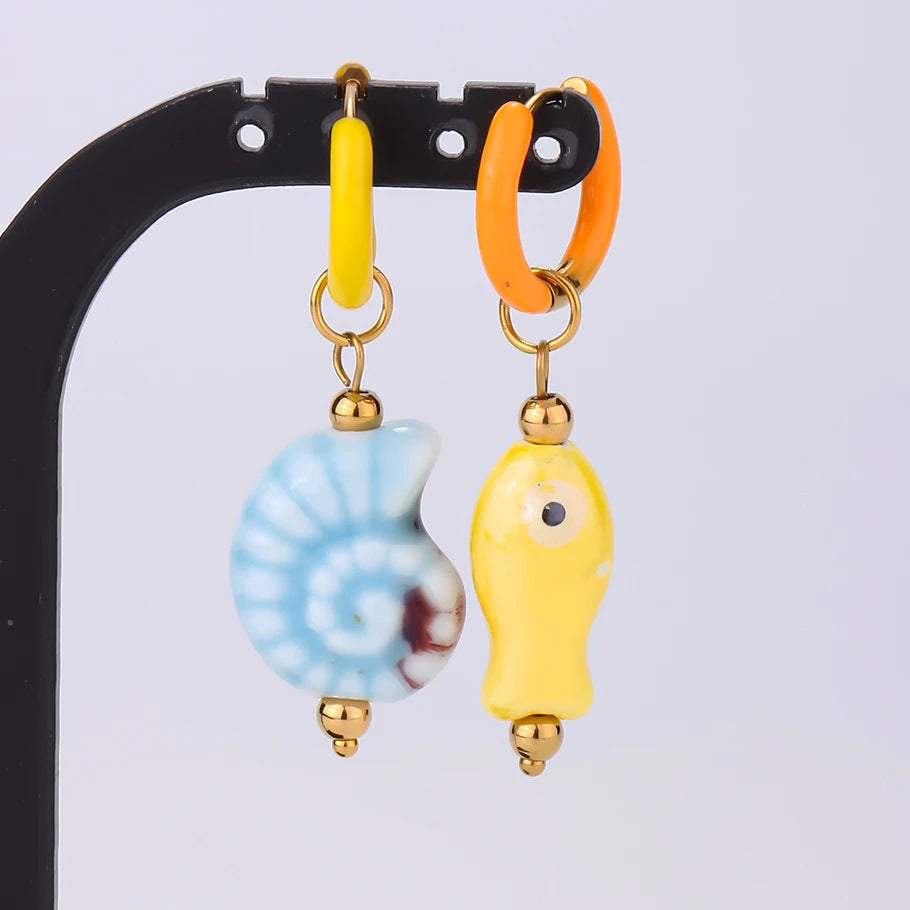 1Pair Trendy Ceramic Hand-painted Tropical Fish Y2K Girl Hoop Earrings Cute Sea Animal Conch Shell Summer Women Aretes Jewelry