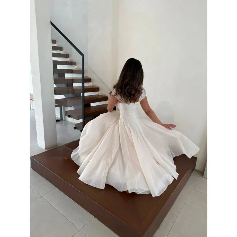 Women's Elegant Tulle Formal Dress Summer Sexy Square Neck Corset Waist A-Line Tea-Length Gown for Wedding Cocktail Party 5