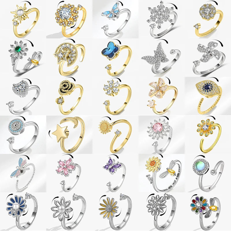 SMJEL Flower Shiny Rhinestone Rotatable Fidget Spinner Ring for Women Anti Anxiety Butterfly Animal Design Anti Stress Accessory