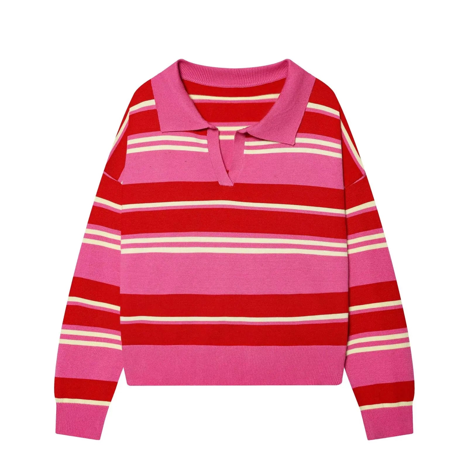 Women's 2026 New Knitted Striped Sweater Polo neck Pullover Spring Fashion Loose Elegant Warm Young Women Sweater Street Blouses