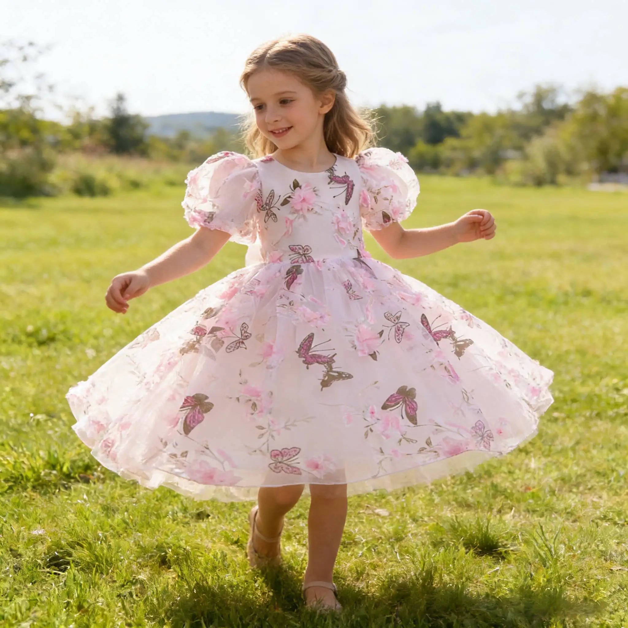 Girls Floral Dress Summer Pink Tulle Princess Dress Flower Girls Embroidered Baptism Gown For Photo Shoot And Wedding Events 2yr