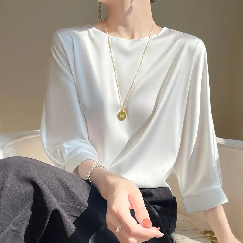 2026 New In Summer Satin Silk Half-Sleeve Tee Tops Basic Solid Women‘s T-Shirt Casual O-neck Thin Shirts Ladies Loose Blouses