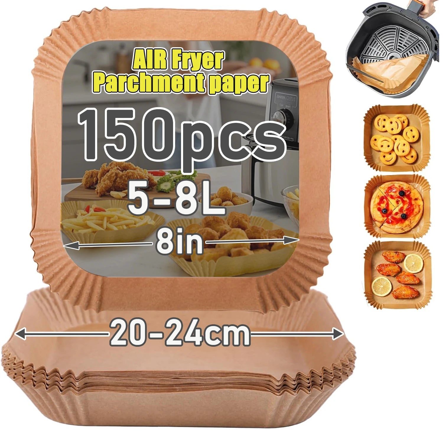 Air Fryer Paper Liners 23-27cm Square Air Fryer Sheets for 7 to 12 Liters Air Fryers, Compatible with COSORI/Ninja
