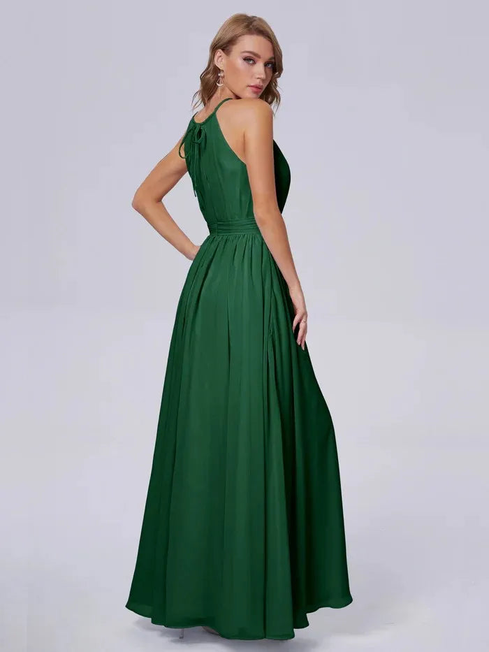 BABYONLINE Simple Boho Evening Dress Halter Neckline Key-Hole Top Long Maxi A-line Chiffon Skirt Formal Party Women Clothes