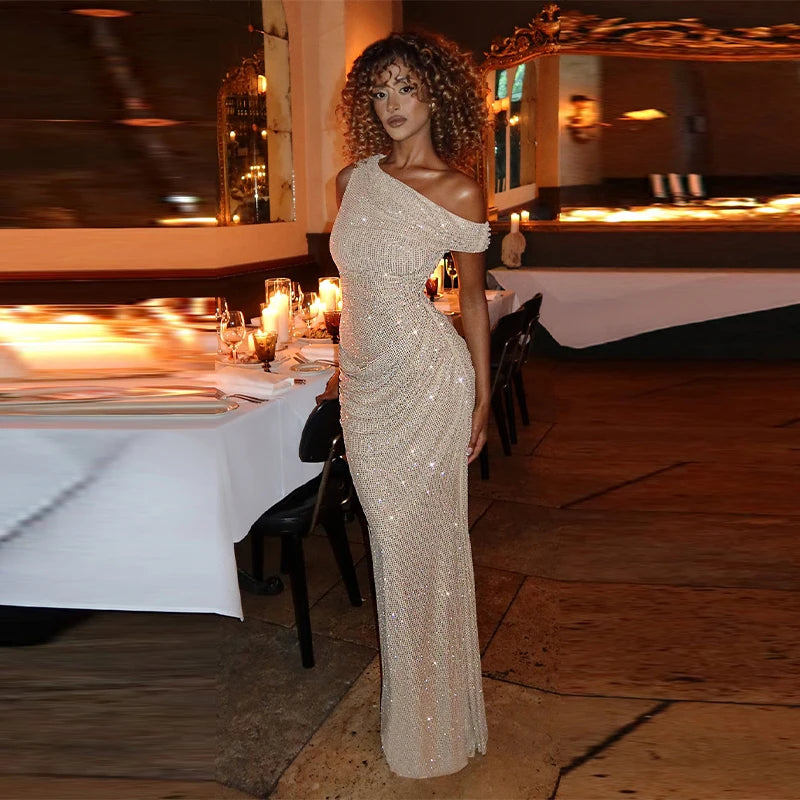 Elegant One Shoulder Sequins Party Dress Chic Sexy Backless Fold Design Slim Fit Female Long Gown 2026 NEW Party Evening Outfits 5