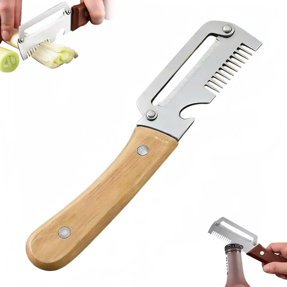 3-in-1 Stainless Steel Vegetable Peeler Peeling Knife With Wooden Handle And Bottle Opener Kitchen Tool