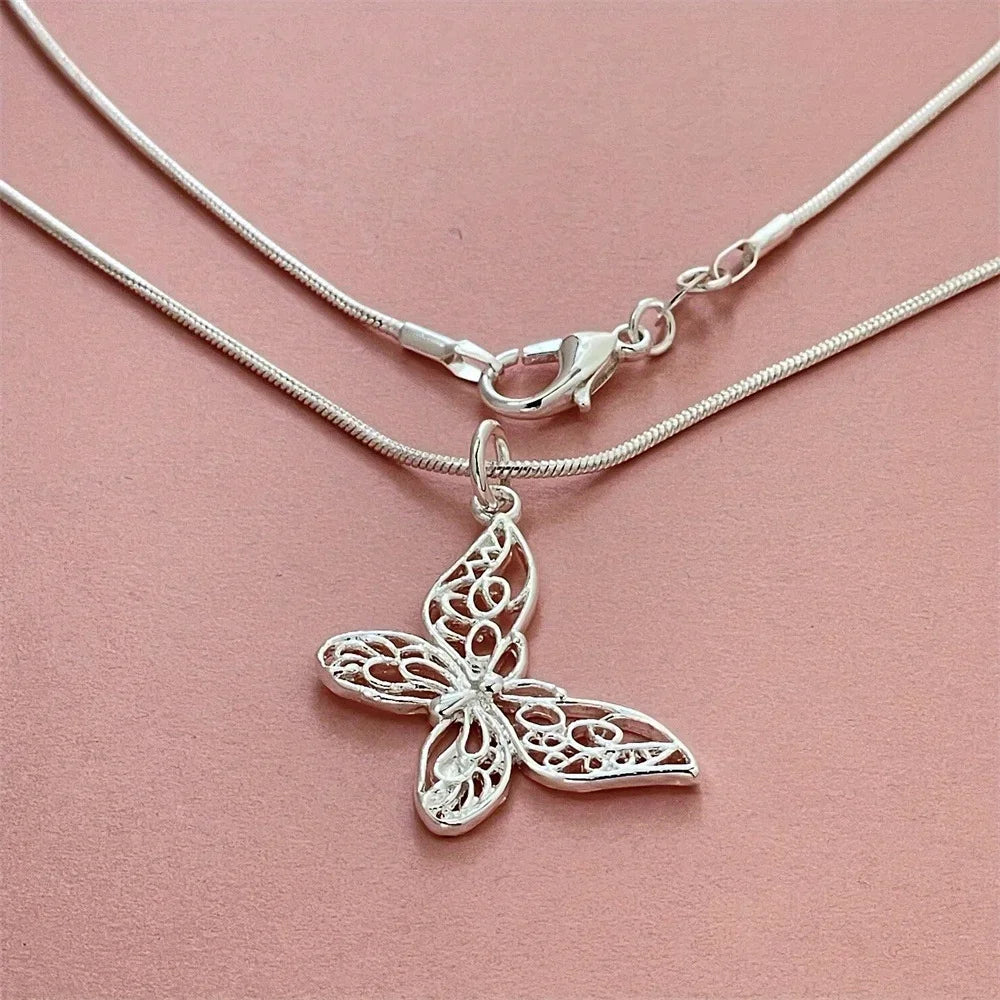 Fashion kpop 925 Sterling Silver Butterfly Necklace 18/20/22/24/28/30 inch Snake Chain For Women Wedding Engagement Jewelry