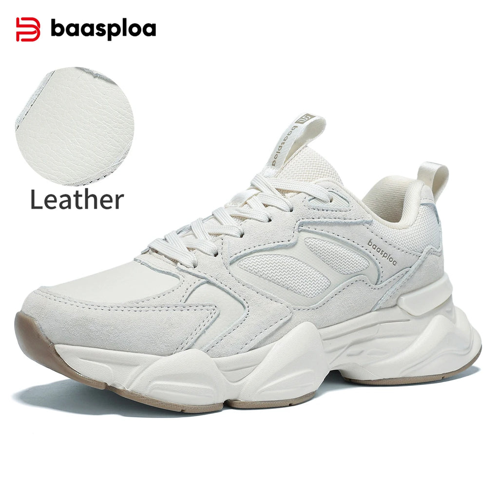 Baasploa Women Walking Shoes Lightweight Mesh Breathable Sport Shoes Comfort Soft Female Leather Height Increase Casual Sneakers