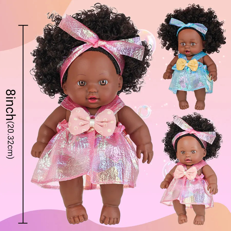 8inch 20cm American African Black Doll with Clothes Full Vinyl Body Curly Hair Doll Realistic Black Baby Doll Girl Birthday Gift