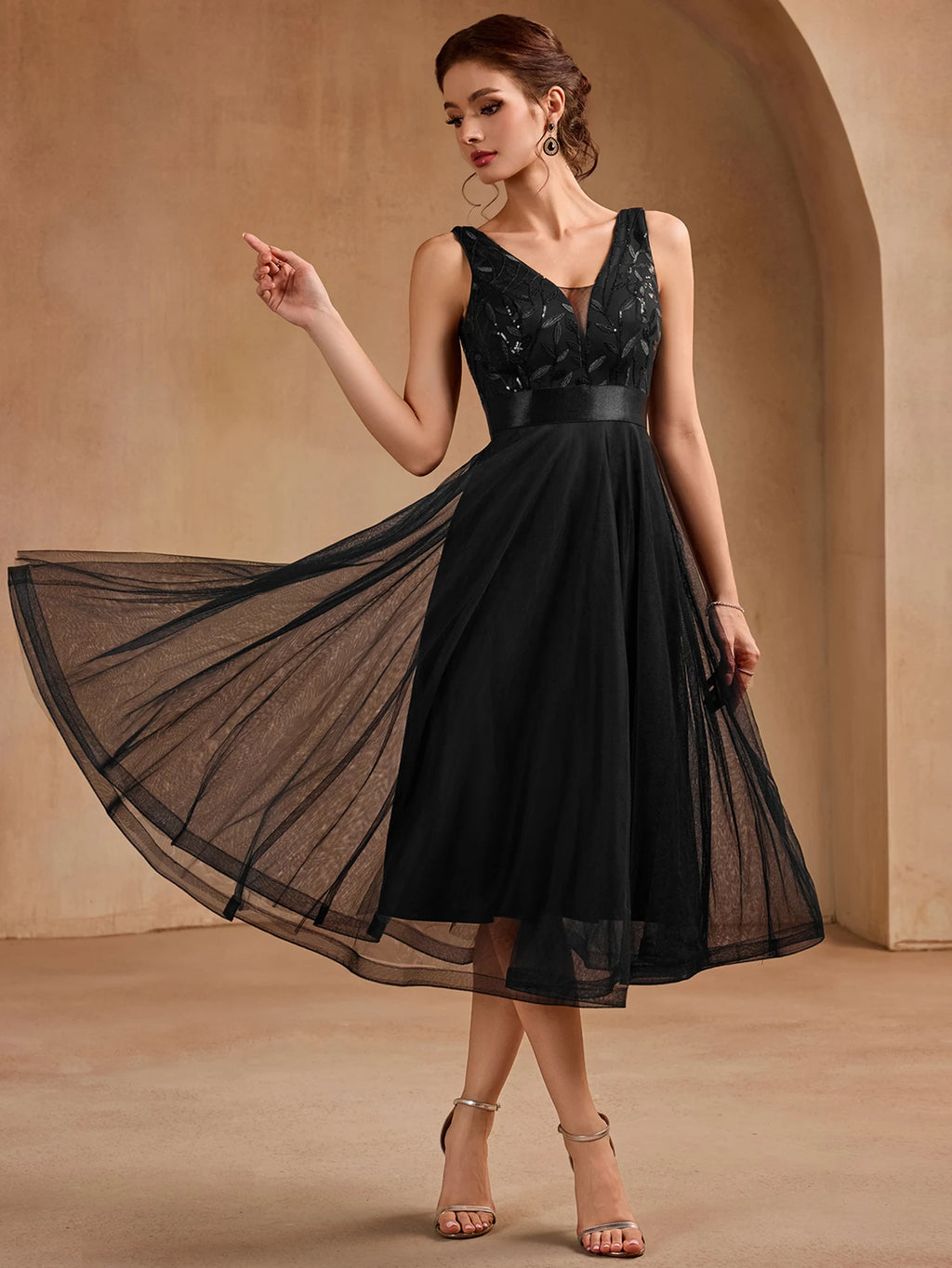 Spring/Summer 2026 V-Neck Formal Evening Dress Lace Beaded Embroidery Wedding Party Maids Dress A-Line Black Mini Dress