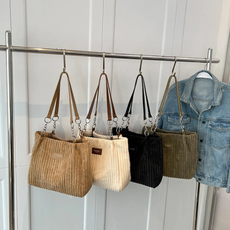 Women Corduroy Shoulder Bag, Solid Color Handbag, Fixed Shoulder Strap, Large Capacity Simple Multifunctional Design Casual