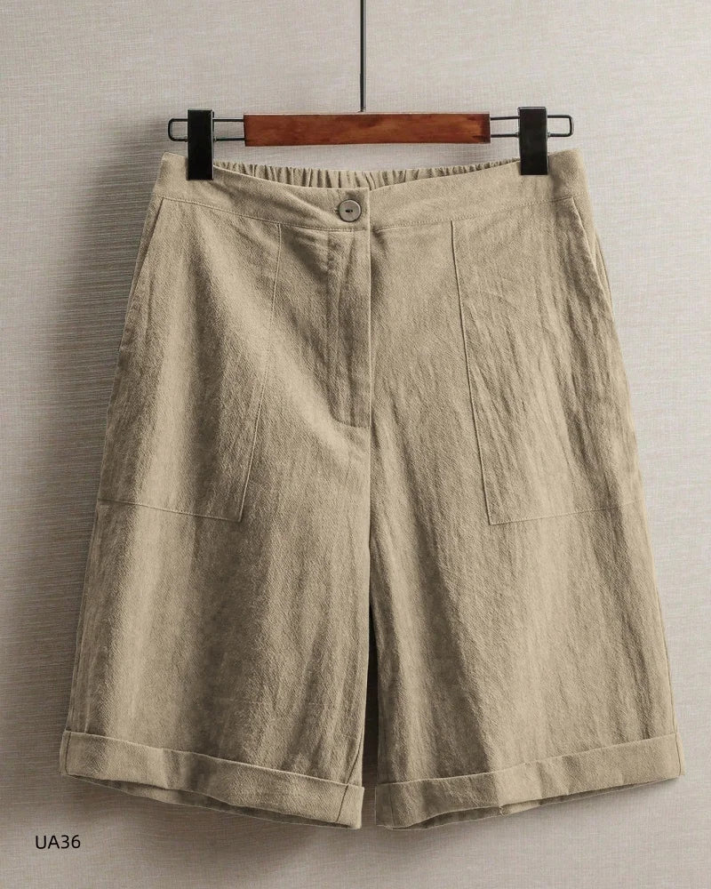 2026 summer new cotton and linen five-piece pants women's high-waisted elastic waist button shorts loose casual shorts