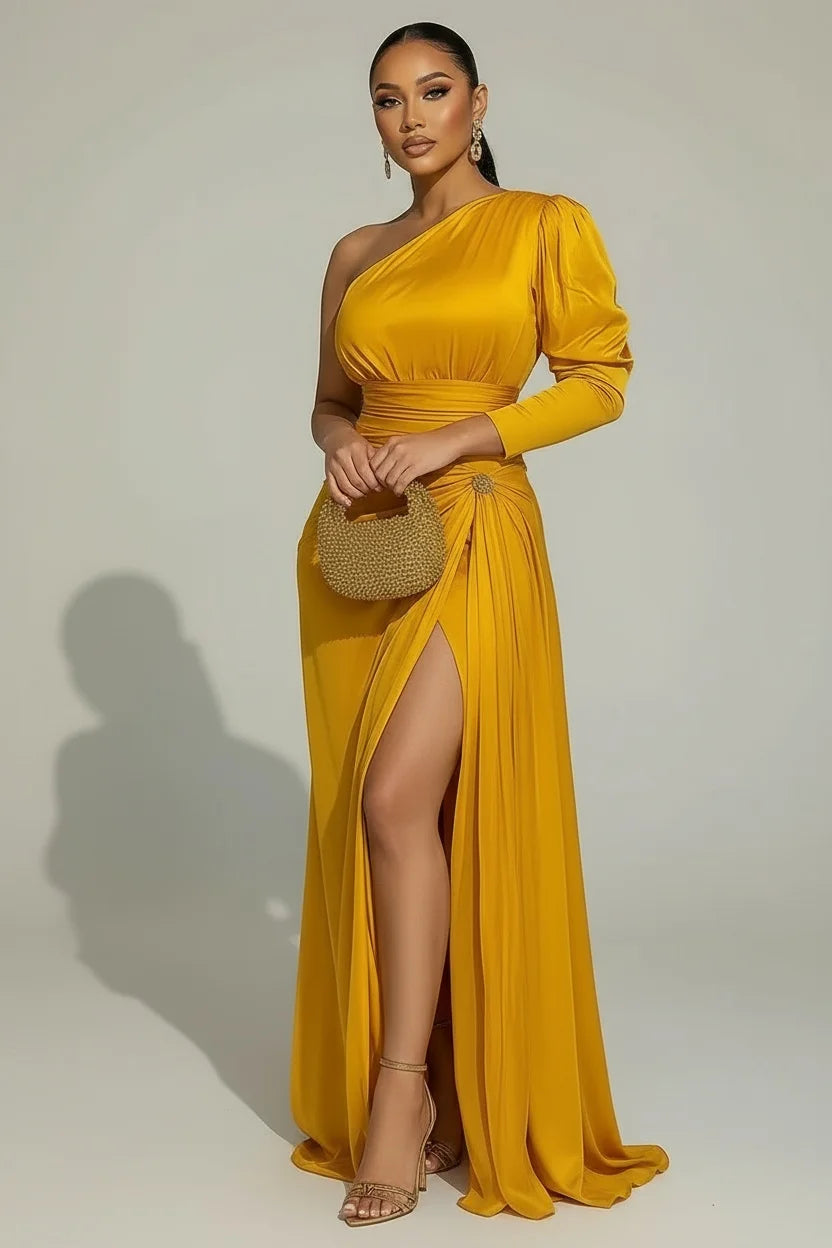 Sexy Formal One Shoulder Evening Dress for Women's Plus Size Split Hem Solid Satin Cocktail Wedding Guest Party Maxi Dress 5