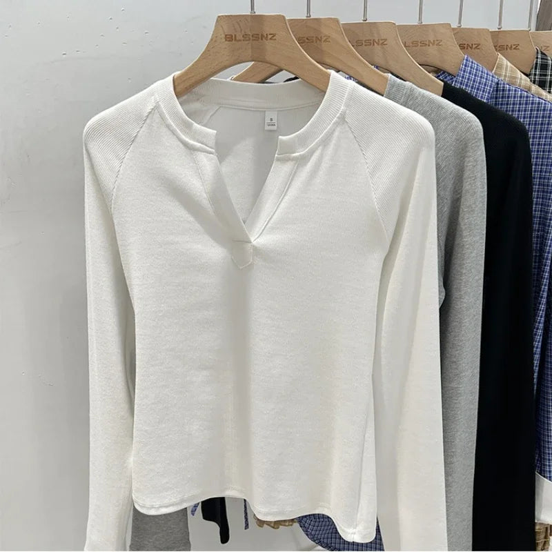 2026 Women's Basic Style Slim Fit V-Neck Long Sleeve T-Shirt Korean Style Versatile Simple Base Layer Top Casual Tee for Women