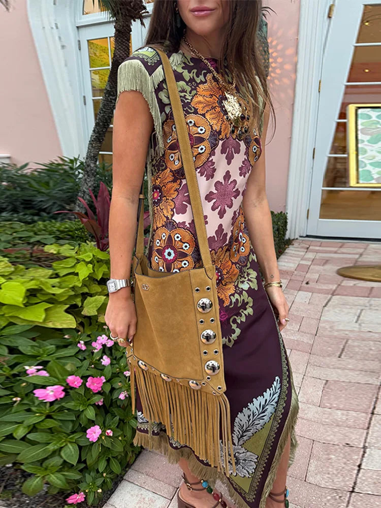 Elegant Printed Women's Tassel Dress Fringed Sleeveless Slim Irregular Party Evening Dresses 2026 Spring Summer Lady Vestidos