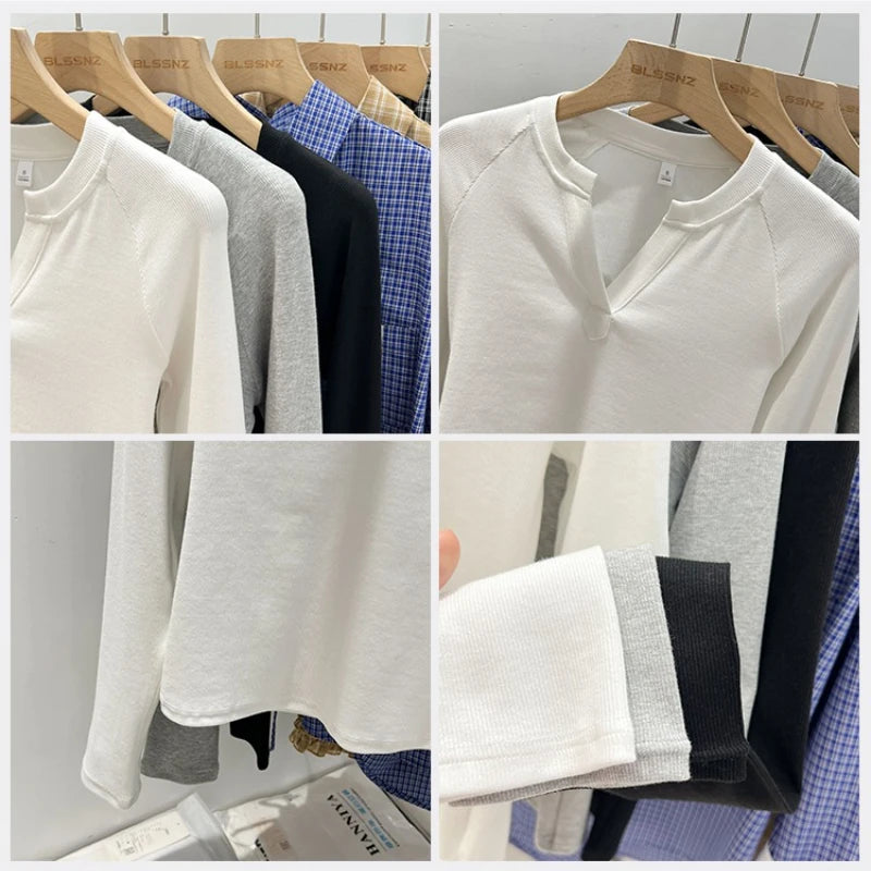 2026 Women's Basic Style Slim Fit V-Neck Long Sleeve T-Shirt Korean Style Versatile Simple Base Layer Top Casual Tee for Women