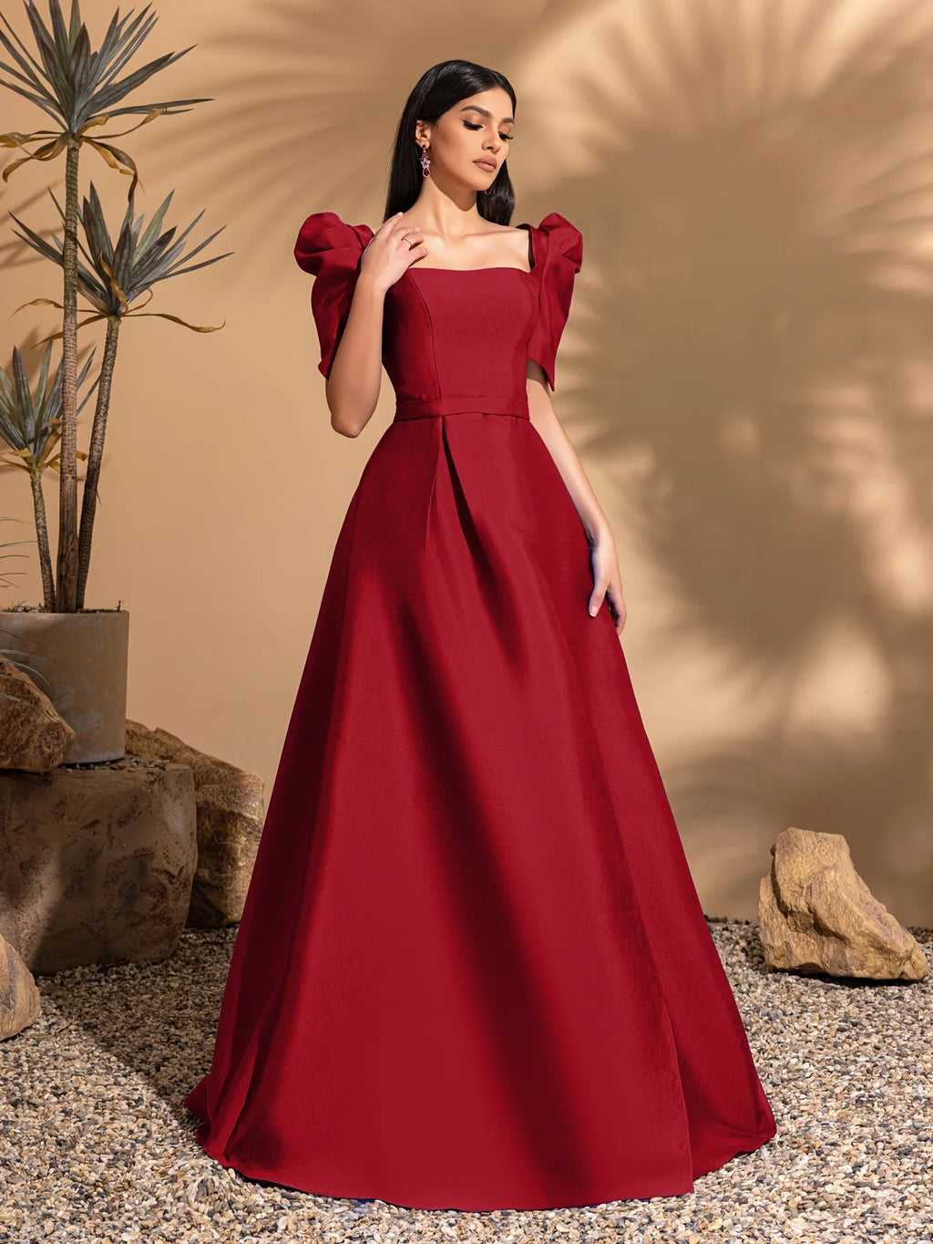 Square neck princess sleeve satin slit gown, pleated lace trim party dress