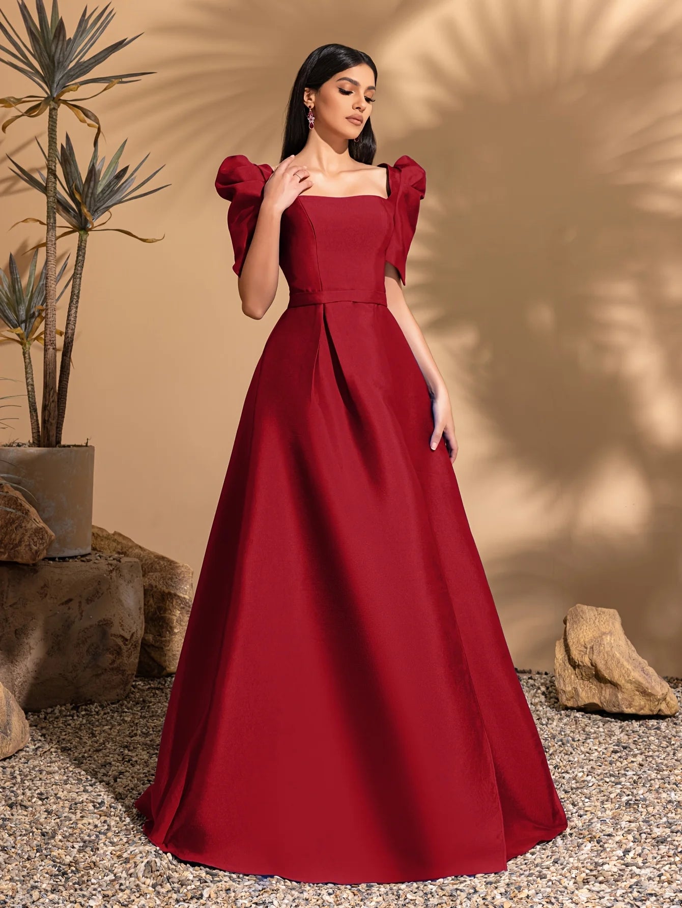 Square neck princess sleeve satin slit gown, pleated lace trim party dress