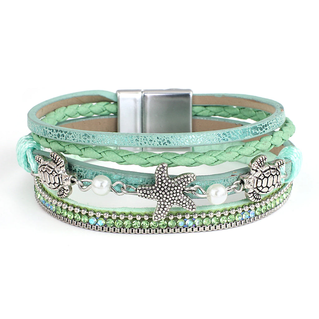 Amorcome Boho Metal Seashell Starfish Beads Charm Shiny Rhinesotne Leather Wrap Bracelets Vintage Summer Beach Femme Jewelry